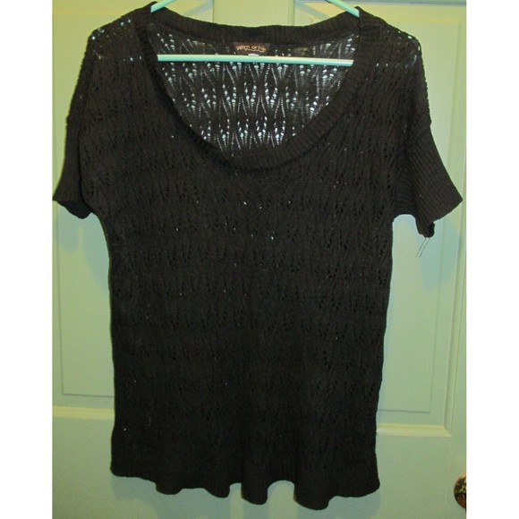 Sweaters - Yom Art Women's Black Open-Knit Scoop Neck Short Sleeve Lightweight Sweater